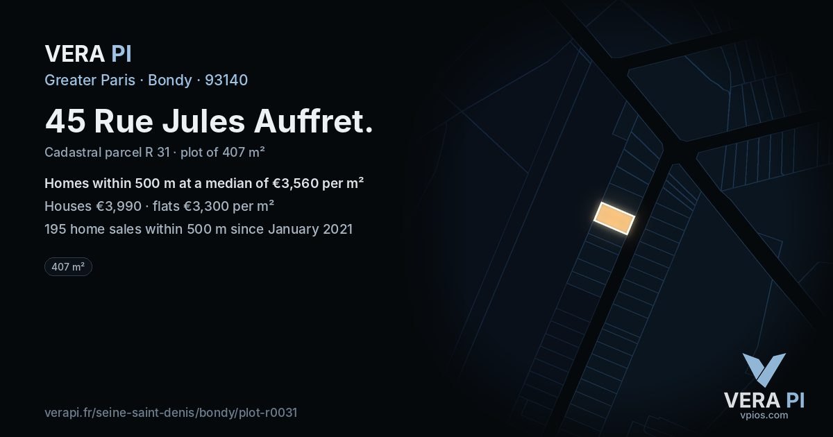45 Rue Jules Auffret, Bondy at night – the plot lit, the parcels around coloured by the prices near them