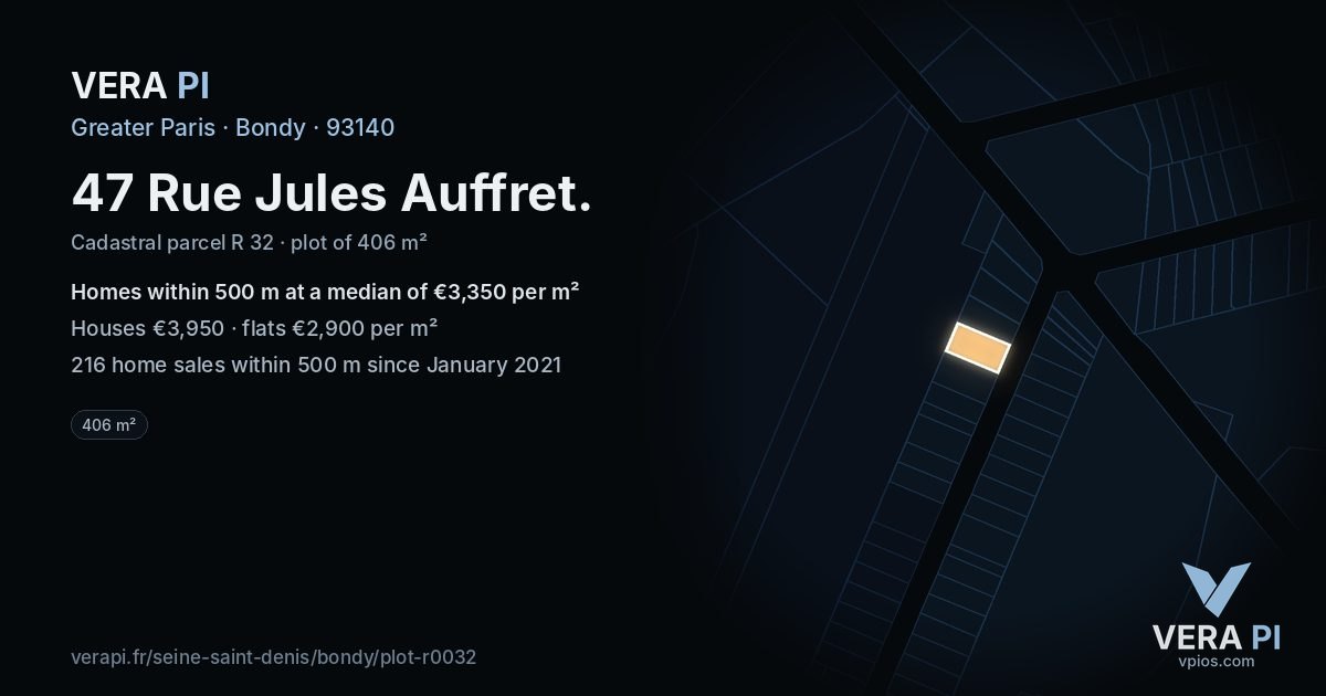 47 Rue Jules Auffret, Bondy at night – the plot lit, the parcels around coloured by the prices near them