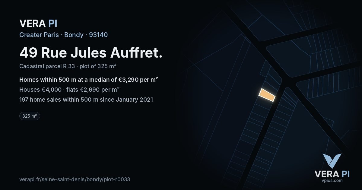 49 Rue Jules Auffret, Bondy at night – the plot lit, the parcels around coloured by the prices near them