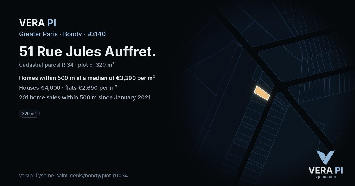 51 Rue Jules Auffret, Bondy at night – the plot lit, the parcels around coloured by the prices near them