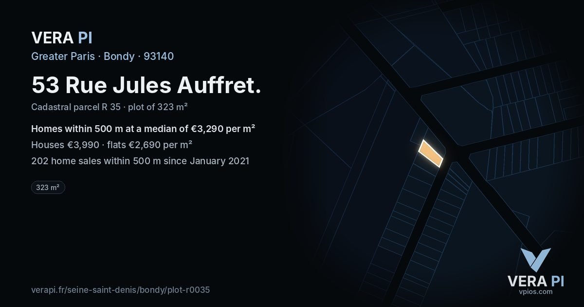 53 Rue Jules Auffret, Bondy at night – the plot lit, the parcels around coloured by the prices near them