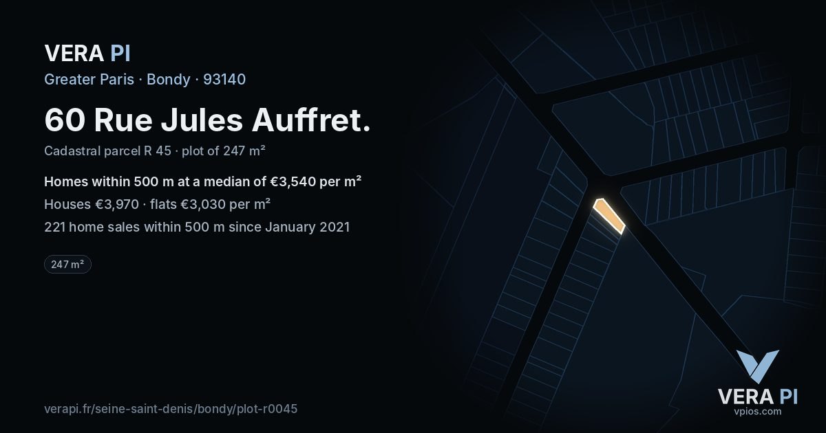 60 Rue Jules Auffret, Bondy at night – the plot lit, the parcels around coloured by the prices near them