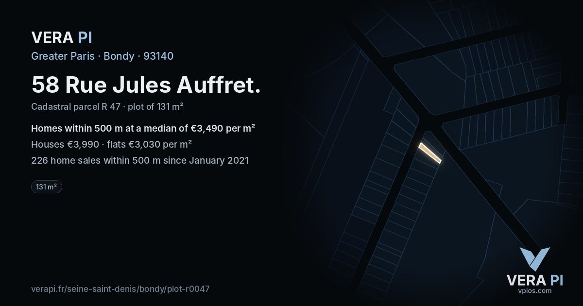 58 Rue Jules Auffret, Bondy at night – the plot lit, the parcels around coloured by the prices near them