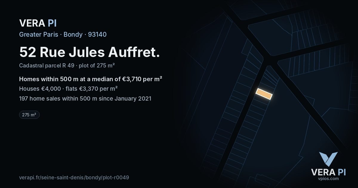 52 Rue Jules Auffret, Bondy at night – the plot lit, the parcels around coloured by the prices near them