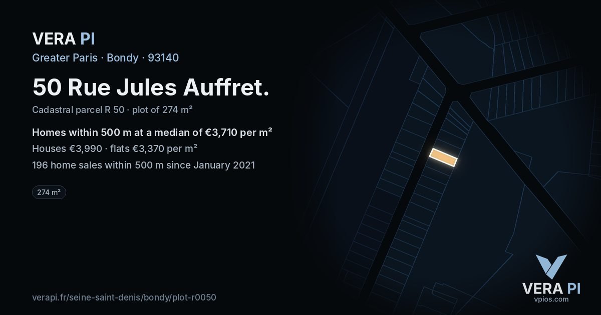 50 Rue Jules Auffret, Bondy at night – the plot lit, the parcels around coloured by the prices near them