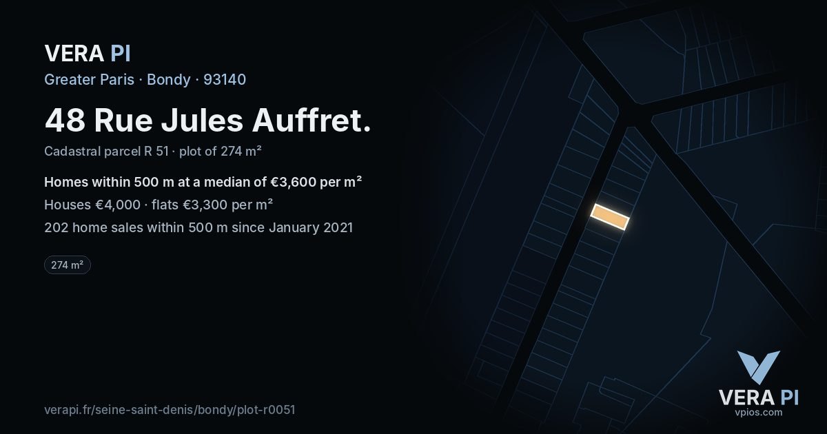 48 Rue Jules Auffret, Bondy at night – the plot lit, the parcels around coloured by the prices near them