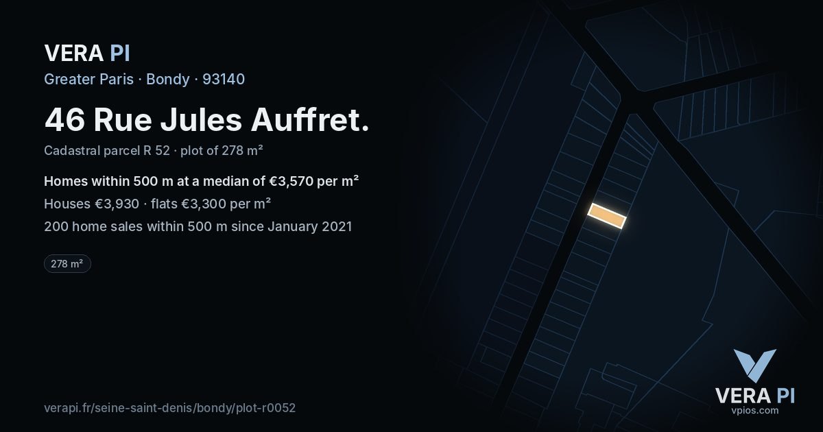 46 Rue Jules Auffret, Bondy at night – the plot lit, the parcels around coloured by the prices near them