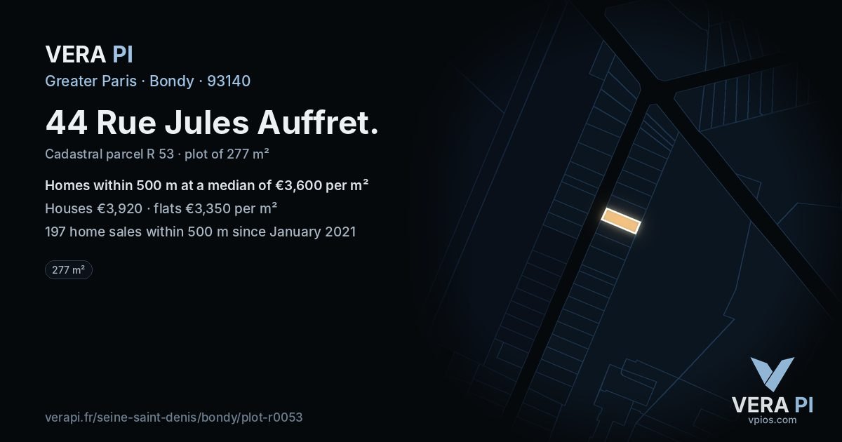 44 Rue Jules Auffret, Bondy at night – the plot lit, the parcels around coloured by the prices near them