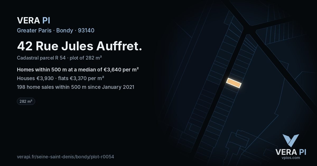 42 Rue Jules Auffret, Bondy at night – the plot lit, the parcels around coloured by the prices near them