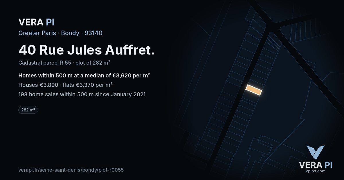 40 Rue Jules Auffret, Bondy at night – the plot lit, the parcels around coloured by the prices near them