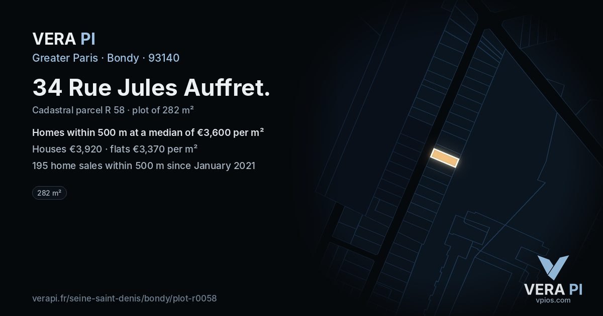 34 Rue Jules Auffret, Bondy at night – the plot lit, the parcels around coloured by the prices near them