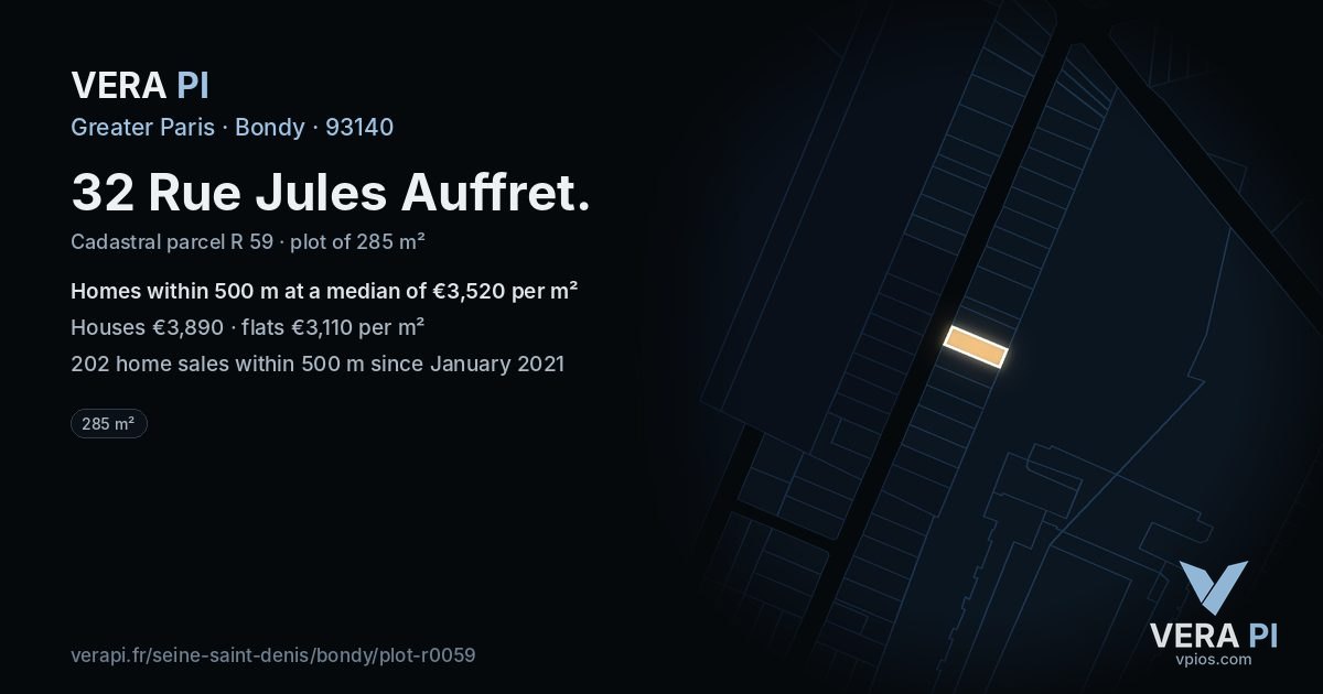 32 Rue Jules Auffret, Bondy at night – the plot lit, the parcels around coloured by the prices near them