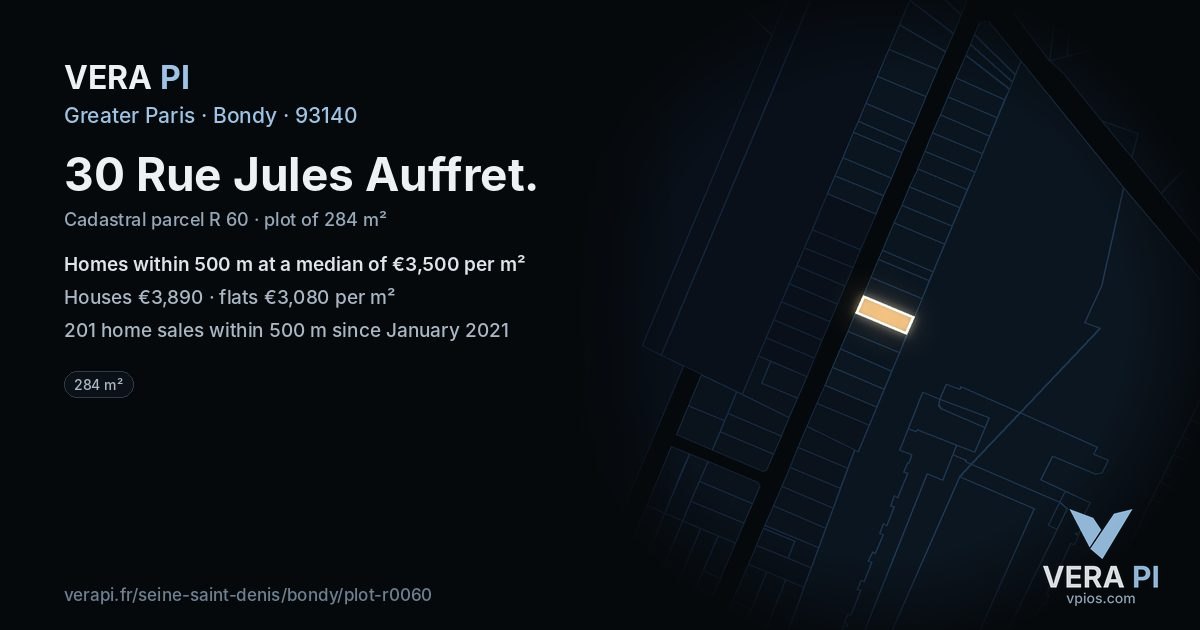 30 Rue Jules Auffret, Bondy at night – the plot lit, the parcels around coloured by the prices near them