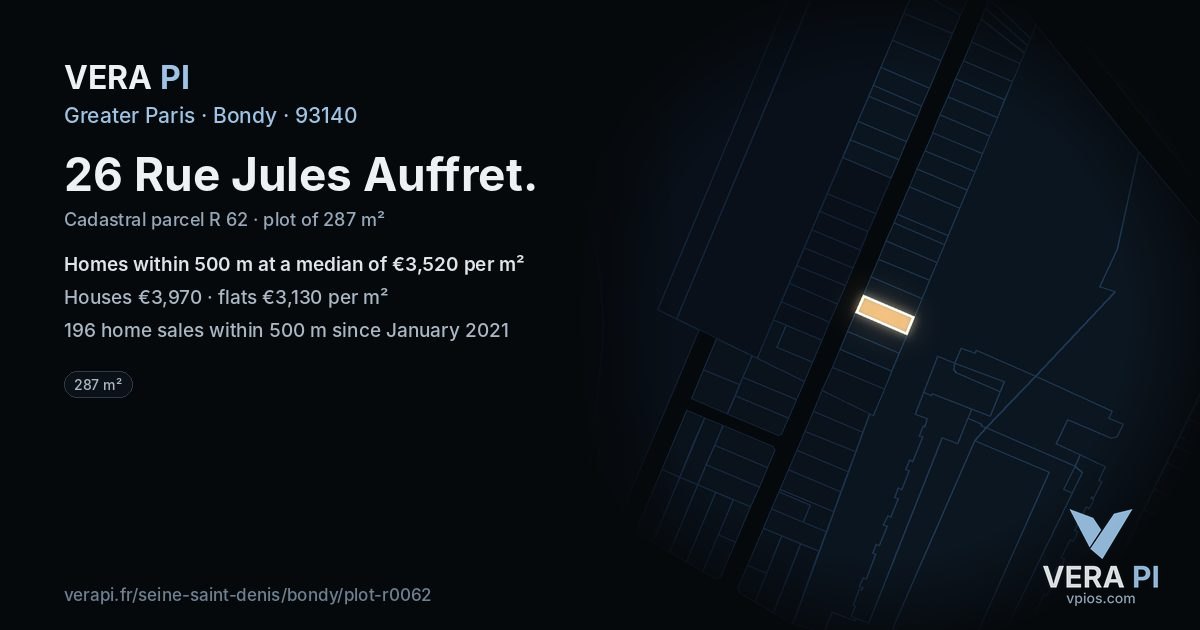 26 Rue Jules Auffret, Bondy at night – the plot lit, the parcels around coloured by the prices near them