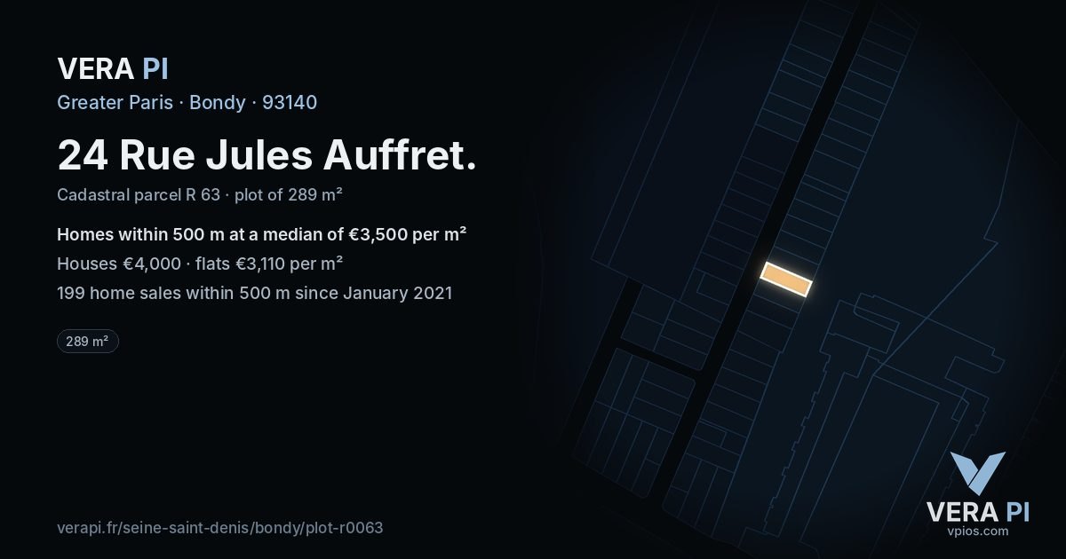 24 Rue Jules Auffret, Bondy at night – the plot lit, the parcels around coloured by the prices near them