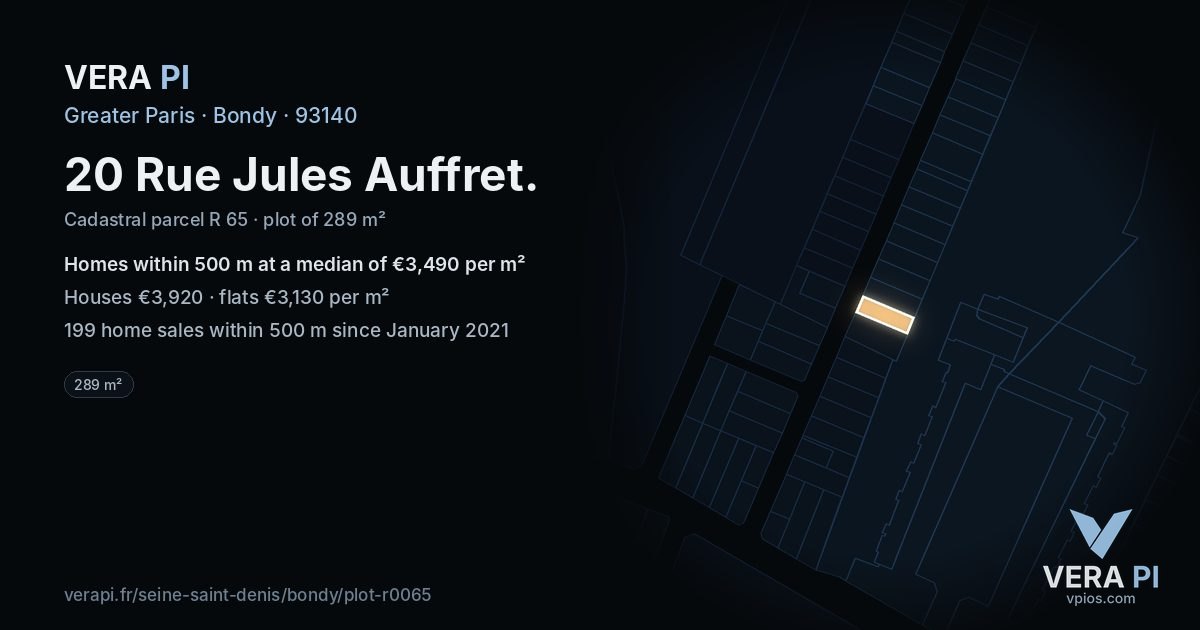 20 Rue Jules Auffret, Bondy at night – the plot lit, the parcels around coloured by the prices near them
