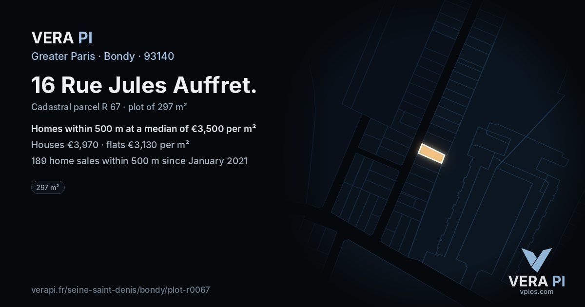 16 Rue Jules Auffret, Bondy at night – the plot lit, the parcels around coloured by the prices near them
