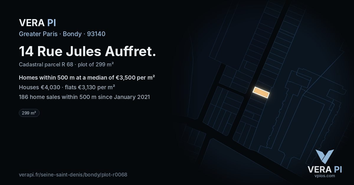 14 Rue Jules Auffret, Bondy at night – the plot lit, the parcels around coloured by the prices near them