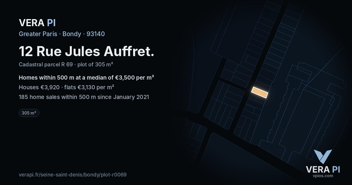 12 Rue Jules Auffret, Bondy at night – the plot lit, the parcels around coloured by the prices near them