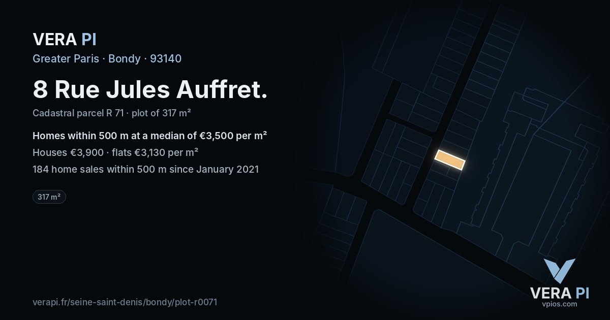8 Rue Jules Auffret, Bondy at night – the plot lit, the parcels around coloured by the prices near them