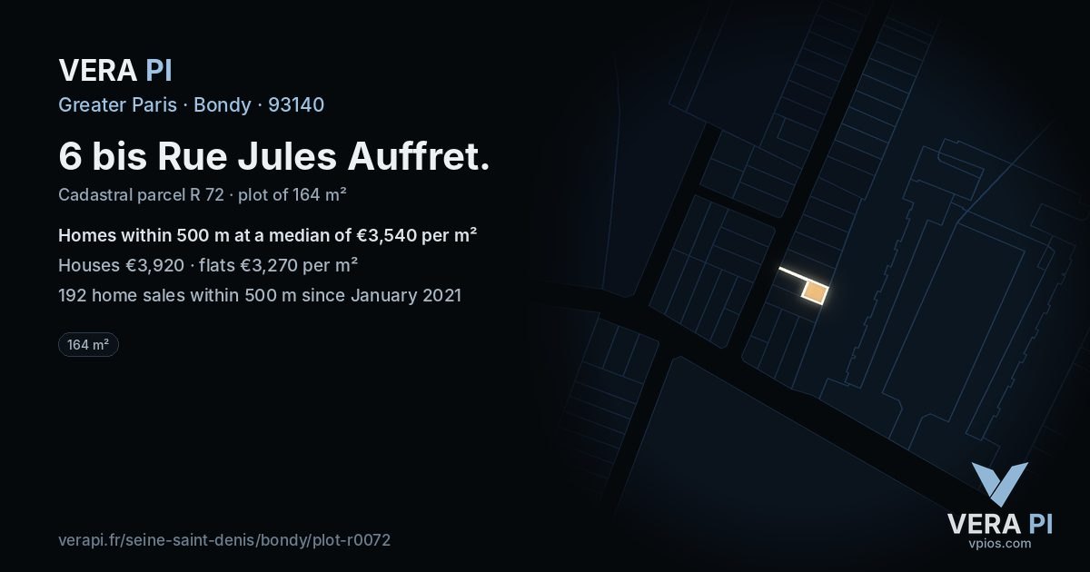6 bis Rue Jules Auffret, Bondy at night – the plot lit, the parcels around coloured by the prices near them