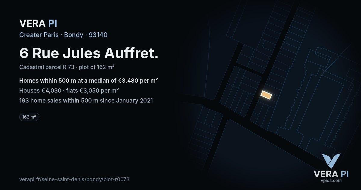 6 Rue Jules Auffret, Bondy at night – the plot lit, the parcels around coloured by the prices near them