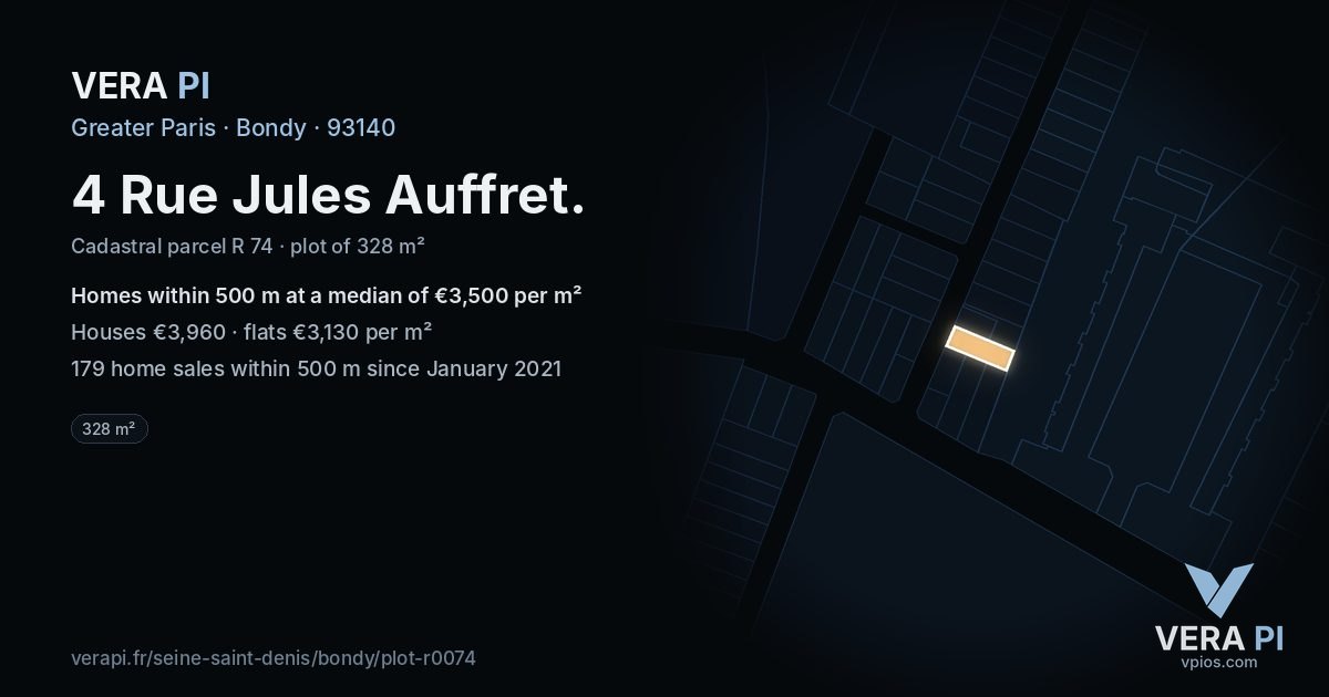 4 Rue Jules Auffret, Bondy at night – the plot lit, the parcels around coloured by the prices near them