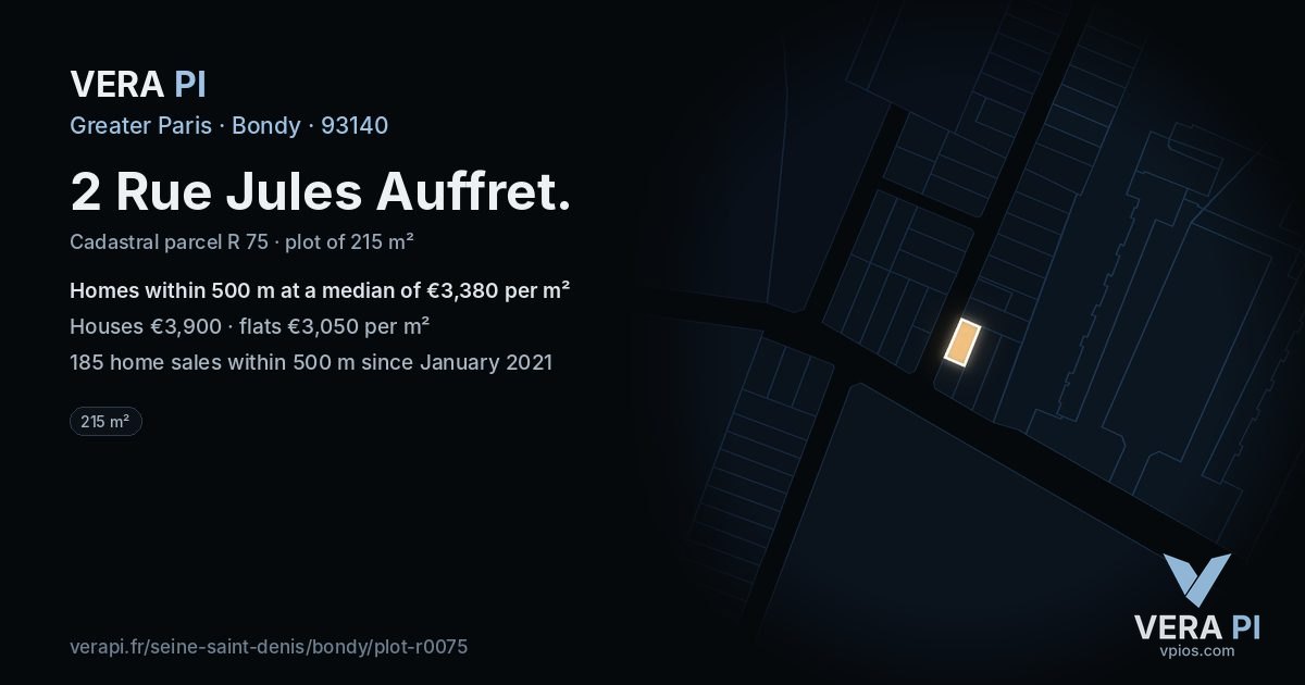 2 Rue Jules Auffret, Bondy at night – the plot lit, the parcels around coloured by the prices near them