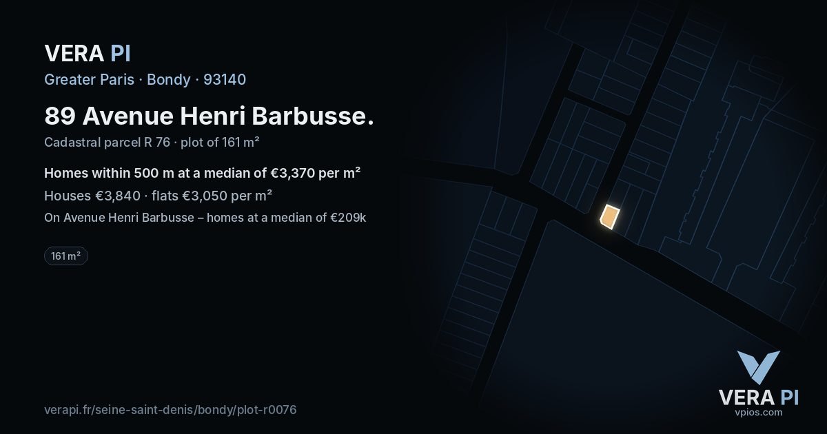 89 Avenue Henri Barbusse, Bondy at night – the plot lit, the parcels around coloured by the prices near them
