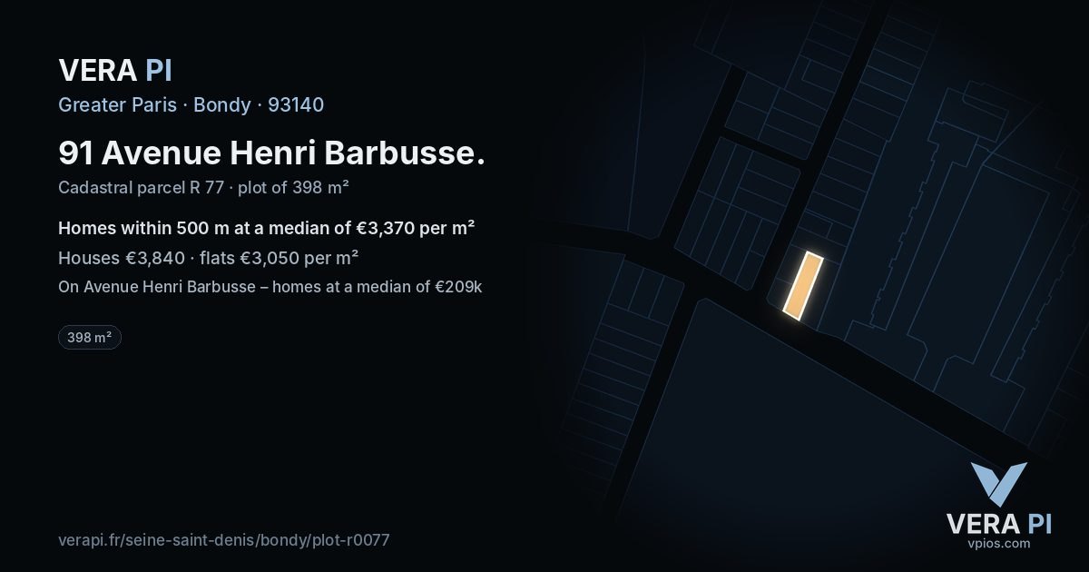 91 Avenue Henri Barbusse, Bondy at night – the plot lit, the parcels around coloured by the prices near them