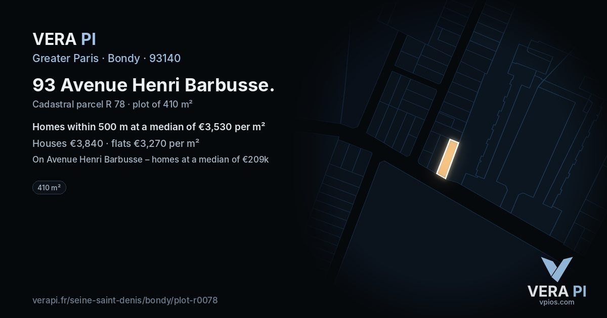 93 Avenue Henri Barbusse, Bondy at night – the plot lit, the parcels around coloured by the prices near them