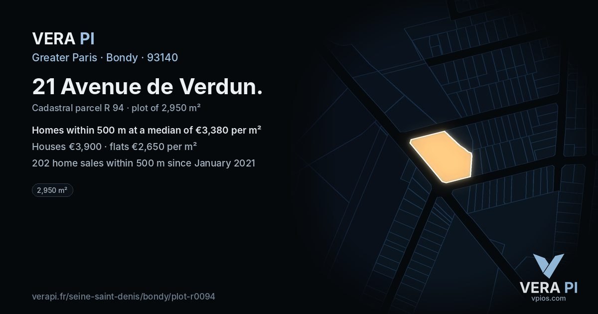 21 Avenue de Verdun, Bondy at night – the plot lit, the parcels around coloured by the prices near them