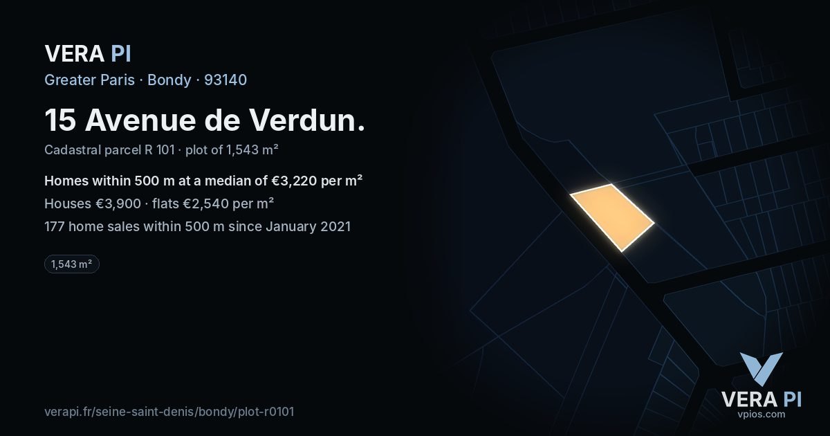 15 Avenue de Verdun, Bondy at night – the plot lit, the parcels around coloured by the prices near them