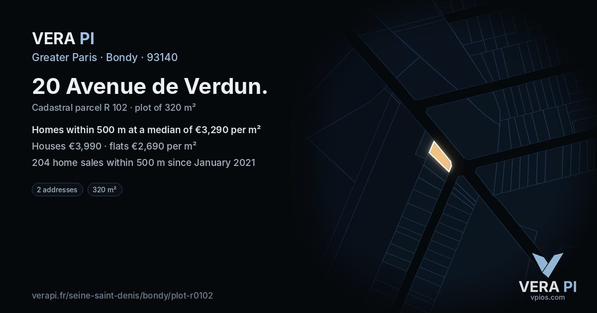 20 Avenue de Verdun, Bondy at night – the plot lit, the parcels around coloured by the prices near them