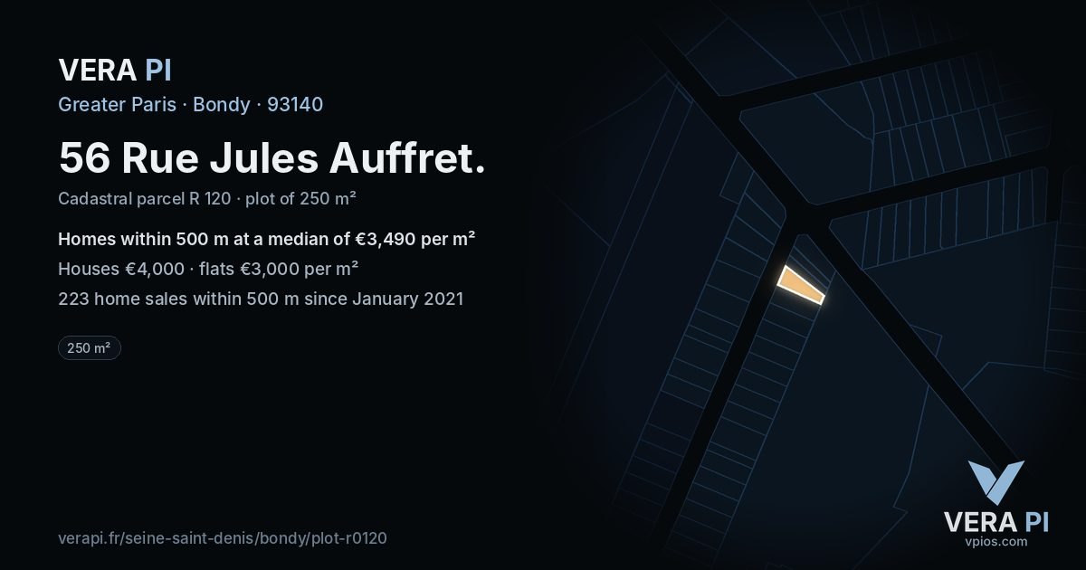 56 Rue Jules Auffret, Bondy at night – the plot lit, the parcels around coloured by the prices near them