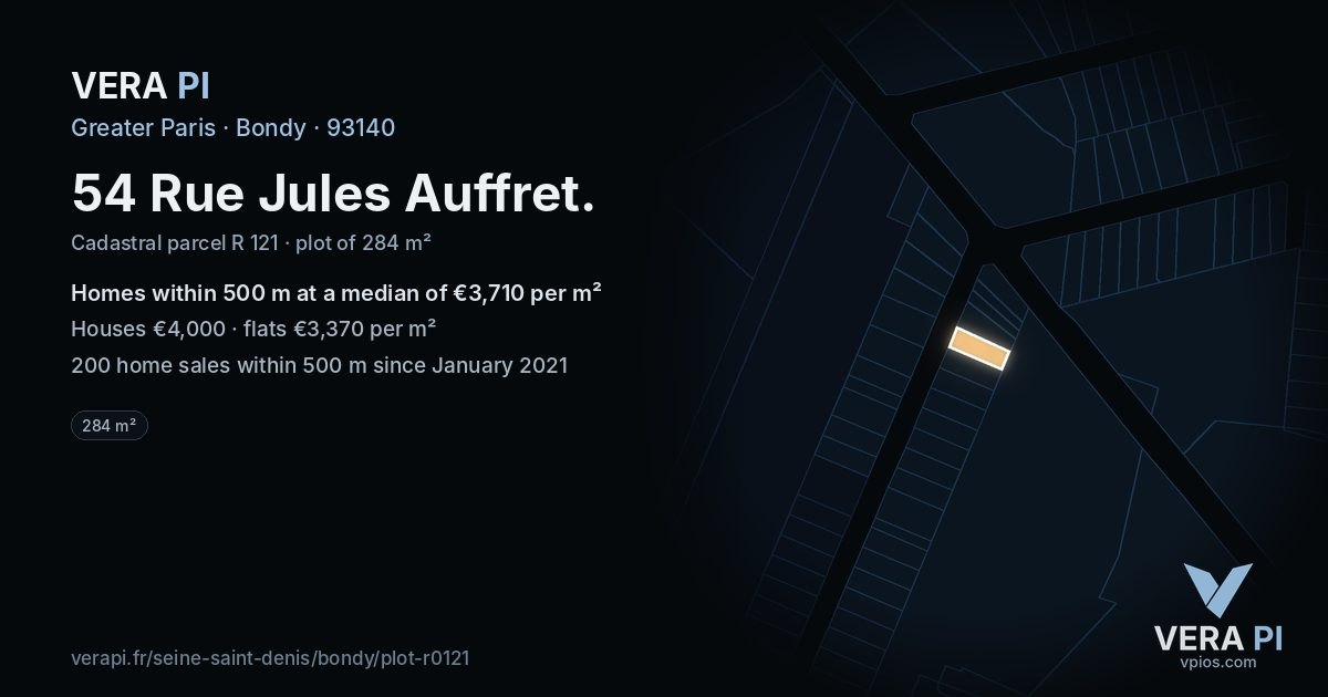 54 Rue Jules Auffret, Bondy at night – the plot lit, the parcels around coloured by the prices near them