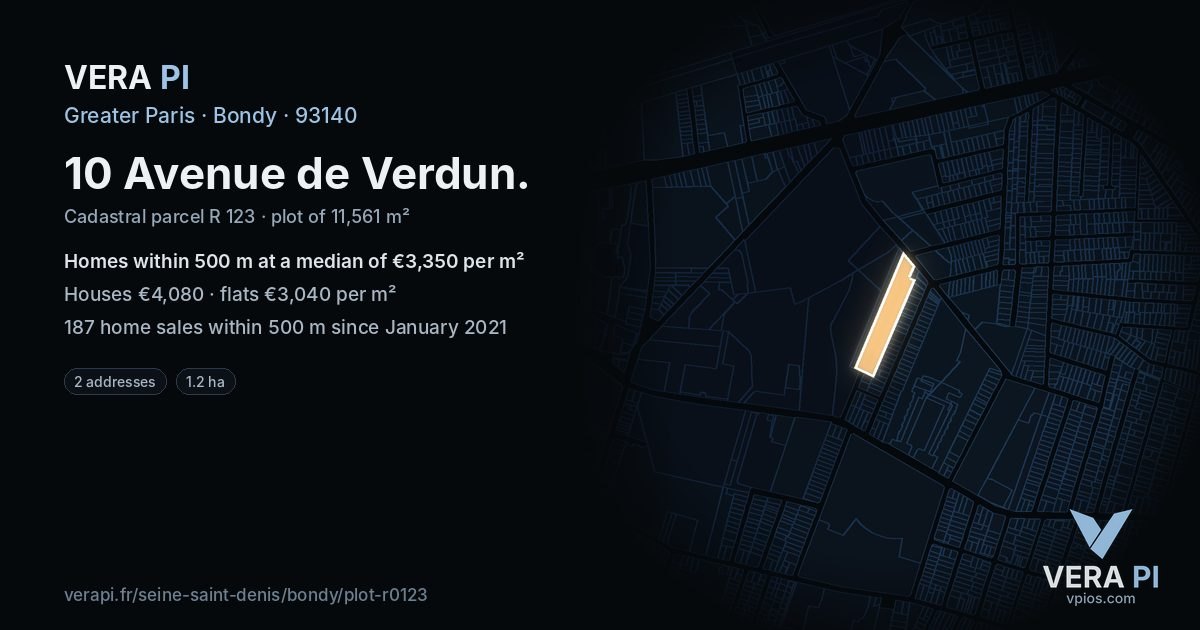 10 Avenue de Verdun, Bondy at night – the plot lit, the parcels around coloured by the prices near them