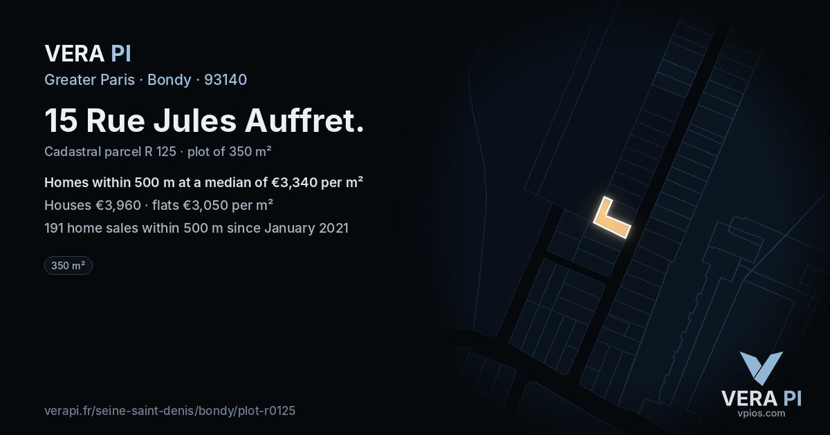 15 Rue Jules Auffret, Bondy at night – the plot lit, the parcels around coloured by the prices near them