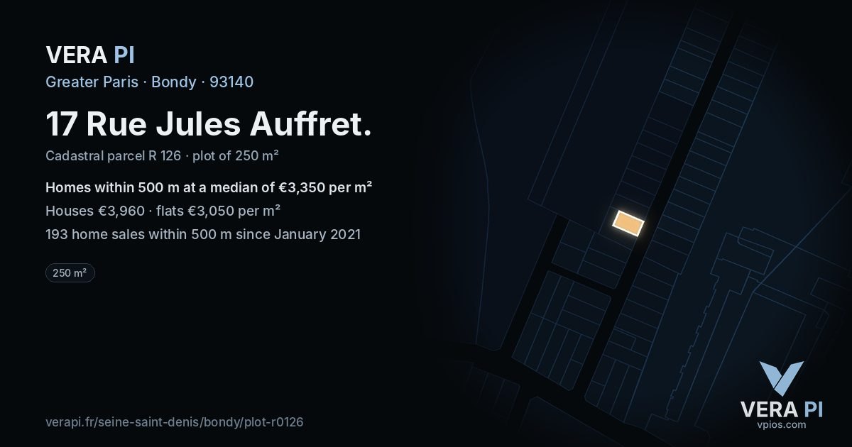 17 Rue Jules Auffret, Bondy at night – the plot lit, the parcels around coloured by the prices near them