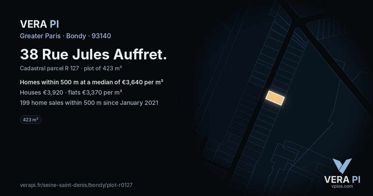 38 Rue Jules Auffret, Bondy at night – the plot lit, the parcels around coloured by the prices near them
