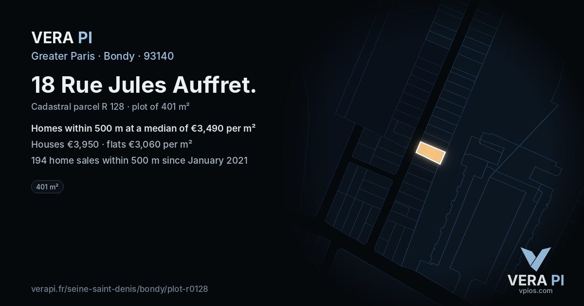 18 Rue Jules Auffret, Bondy at night – the plot lit, the parcels around coloured by the prices near them