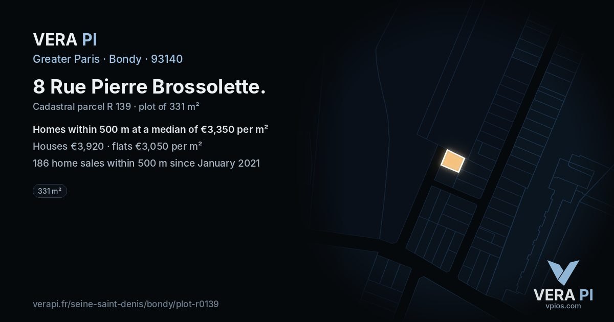 8 Rue Pierre Brossolette, Bondy at night – the plot lit, the parcels around coloured by the prices near them