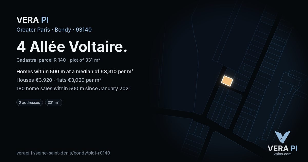 4 Allée Voltaire, Bondy at night – the plot lit, the parcels around coloured by the prices near them