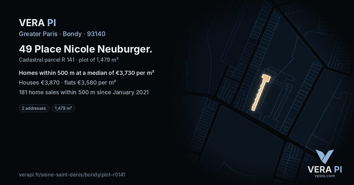 49 Place Nicole Neuburger, Bondy at night – the plot lit, the parcels around coloured by the prices near them