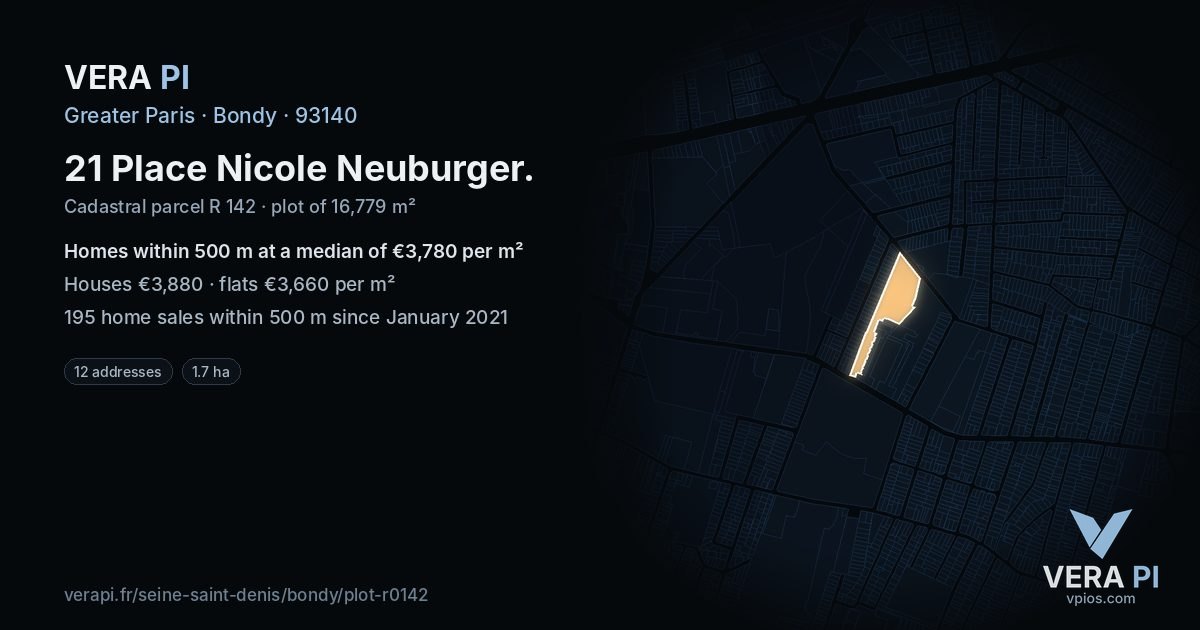 21 Place Nicole Neuburger, Bondy at night – the plot lit, the parcels around coloured by the prices near them