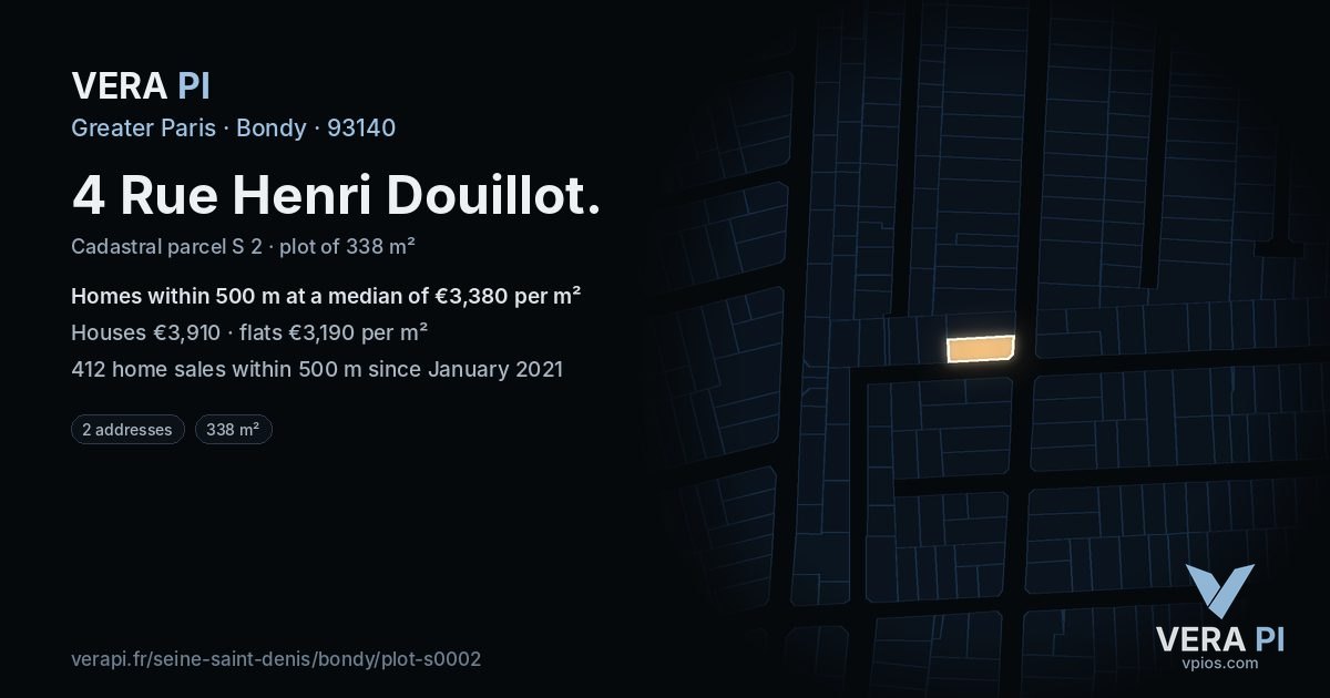 4 Rue Henri Douillot, Bondy at night – the plot lit, the parcels around coloured by the prices near them