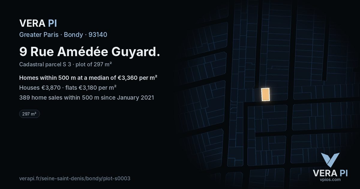9 Rue Amédée Guyard, Bondy at night – the plot lit, the parcels around coloured by the prices near them
