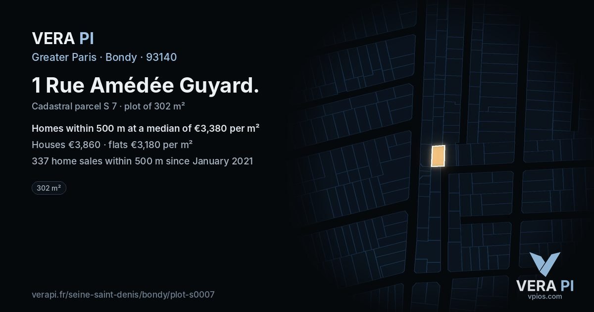 1 Rue Amédée Guyard, Bondy at night – the plot lit, the parcels around coloured by the prices near them