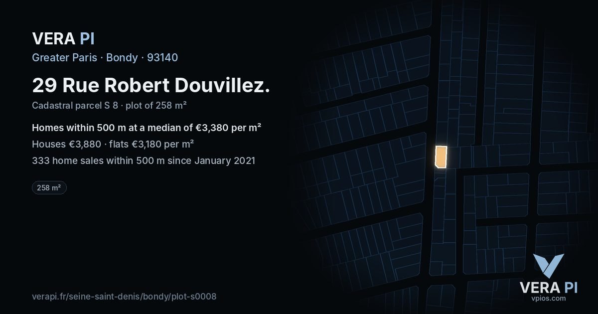 29 Rue Robert Douvillez, Bondy at night – the plot lit, the parcels around coloured by the prices near them