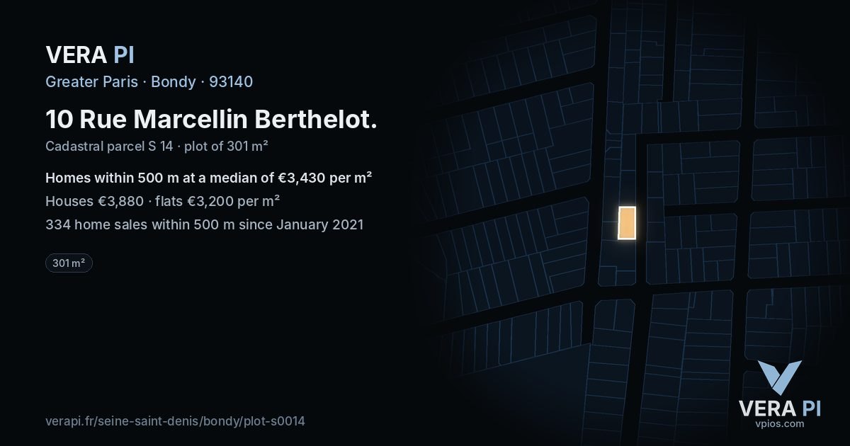 10 Rue Marcellin Berthelot, Bondy at night – the plot lit, the parcels around coloured by the prices near them